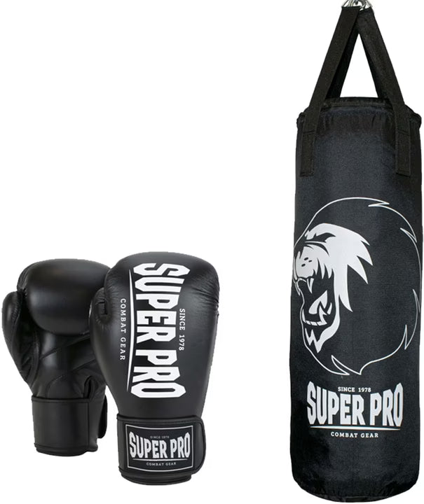 Super Pro Combat Gear Boxsack Set mit Boxhandschuhen, Schwarz